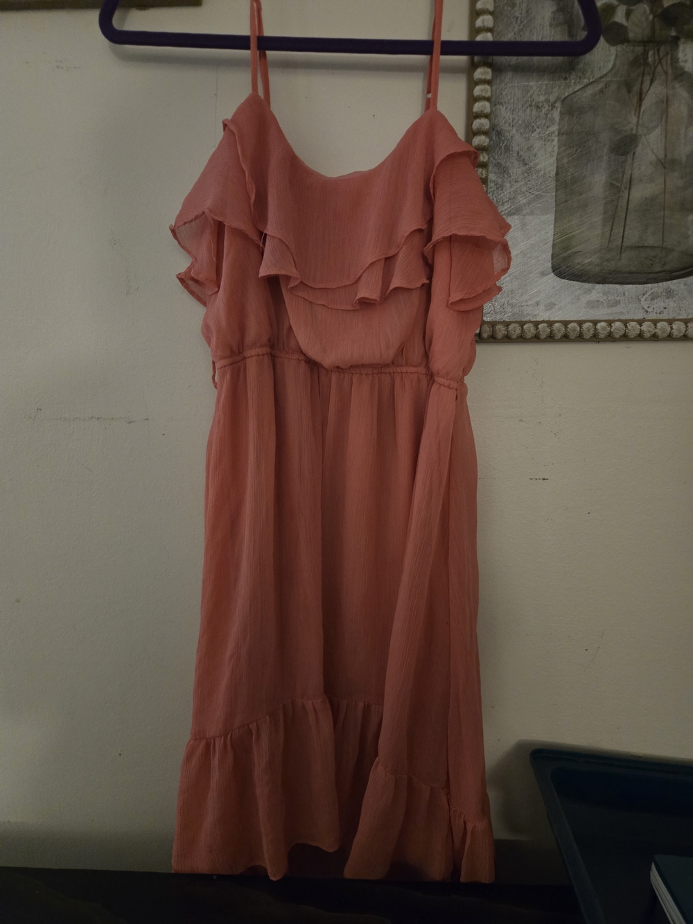 Body Central Coral Ruffle Midi Dress with Spaghetti Straps